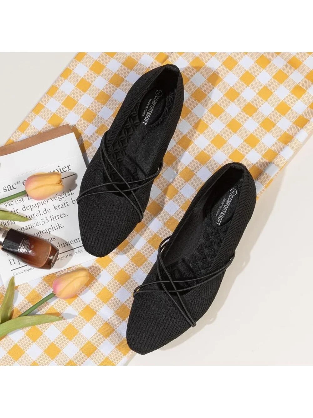 Women's Black Square Toe Flats Comfortable Knit Ballet Flats with Cross Strap